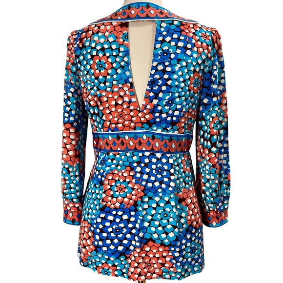 eci New York Floral V-neck Top 3/4 Sleeves Keyhole Back Stretch Y2K Blouse Med - Picture 3 of 10